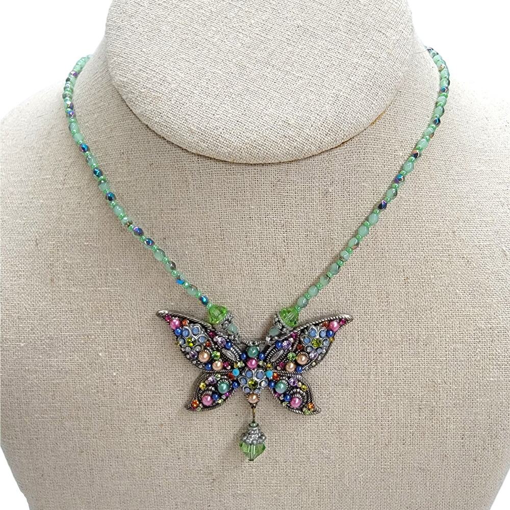 FAITH Butterfly Pendant Necklace Green Beaded Chain Multicolor Rhinestone Y2K